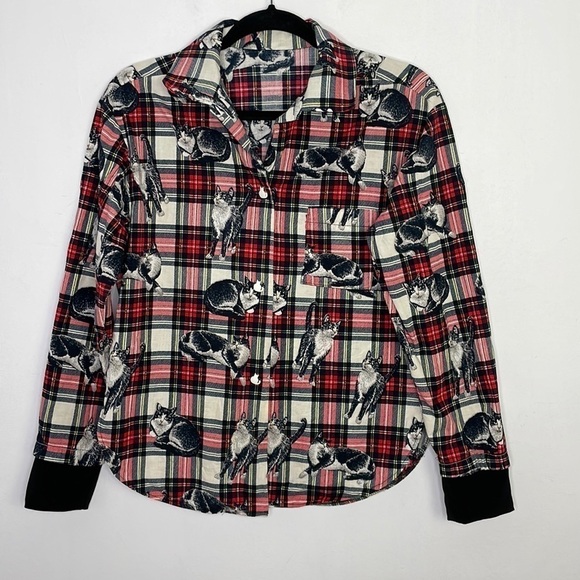 Fun cats print plaid buttons down shirt - Picture 1 of 7